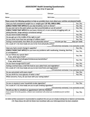 Adolescent Health Screening Questionnaire - Blank Fillable Template ...