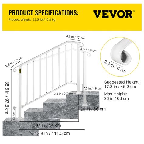 VEVOR Handrails Stair Railing 4-Feet x 38-Inches White Steel Deck Stair ...