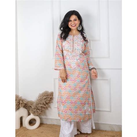 Orange and Blue Mix Color Chikankari Kurti – Desisandook Enterprises ...