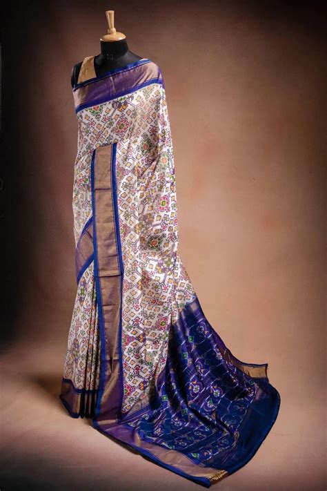 White Pochampally Saree with Blue Border - That Saree Shop
