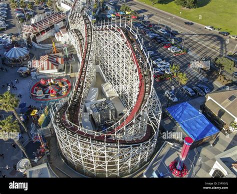 Aerial view of iconic Giant Dipper roller coaster in Belmont Park, an ...