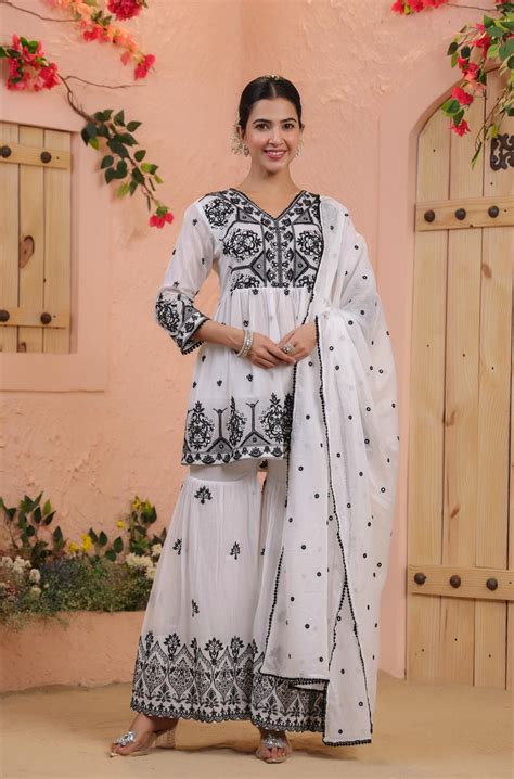 Shop White Mulmul Mirror Embroidered Peplum Sharara Set- Elegant Ethnic ...