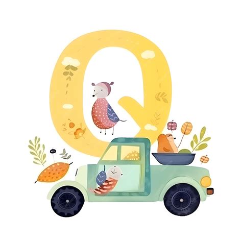 Premium AI Image | Cute letter Q in the form of a car with animalsvector illustration