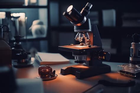 Microscope on the table at school scientific research technology ...