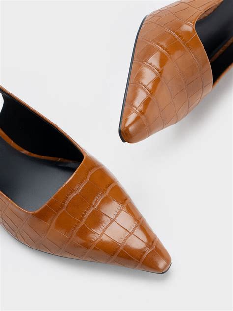 Croc-Effect Slant Heel Slingback Pumps - Animal Print Brown - CHARLES ...