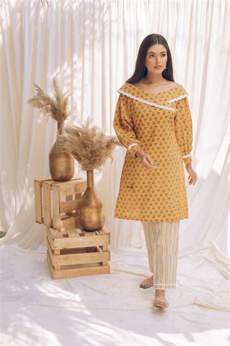 Mahru - Lotus Print off Shoulder Laced Yellow Kurta Set
