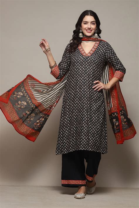 Buy Charcoal LIVA Straight Kurta Palazzo Suit Set Online at Biba Global
