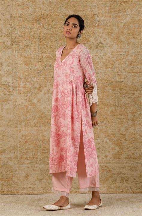 Devnaagri - Alia Bhatt in Blush Pink Block Printed Kota Kurta Set