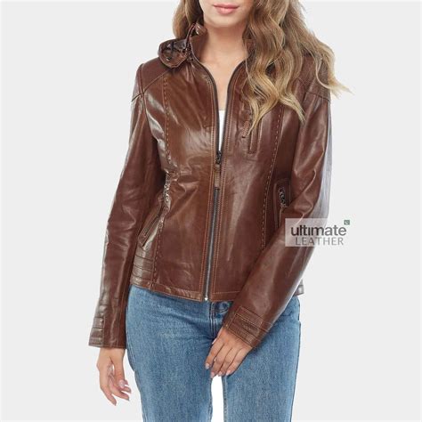 Womens Brown Hooded Faux Leather Jacket | PU Leather Jacket