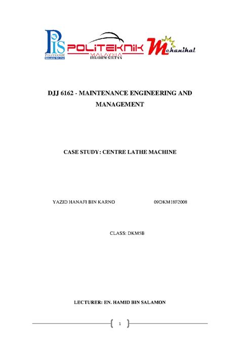 DKM5B Case Study: Maintenance Strategies for Centre Lathe Machine - Studocu
