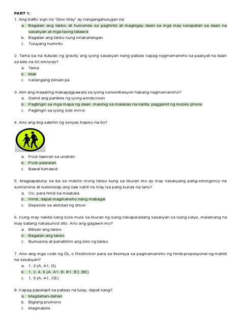 Image result for Lto Exam Answer Key Tagalog