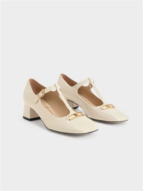 Gabine Leather T-Bar Mary Jane Pumps - Chalk - CHARLES & KEITH IN