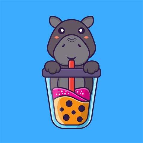 Cute hippopotamus Drinking Boba milk tea. Animal cartoon concept ...