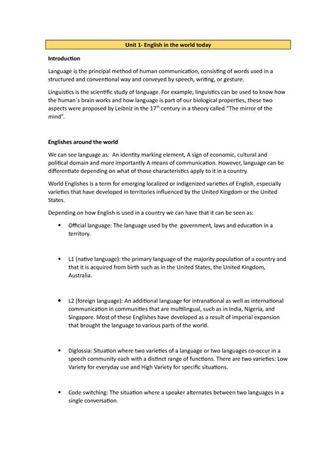 UNIT 1 - Apuntes de la unidad 1 de Lingüística en Inglés - Unit 1 ...