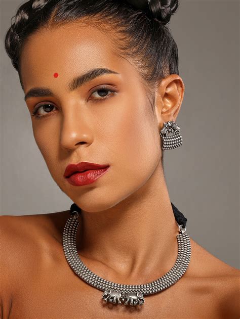 Silver Plated Handcrafted Oxidised Brass Hasli with Earrings- Set of 2