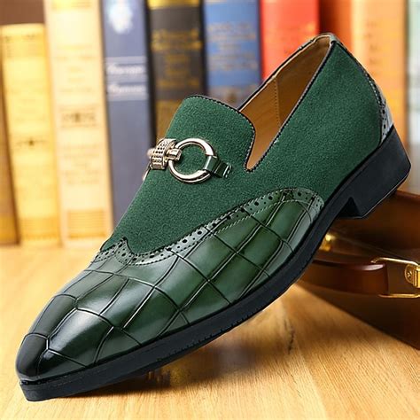 Men's Green Faux Leather Loafers with Crocodile Pattern and Gold Buckle ...