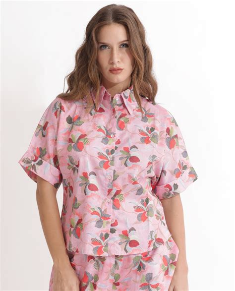 Rareism Women's Kentoy-T Light Pink Cotton Spread Collar Floral Print