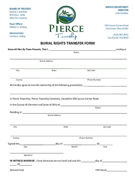 Burial Rights Transfer Form - Blank Fillable Template | Fill Out, Print ...