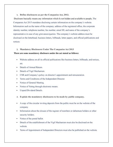 Disclosures by a company - 1. Define disclosures as per the Companies ...