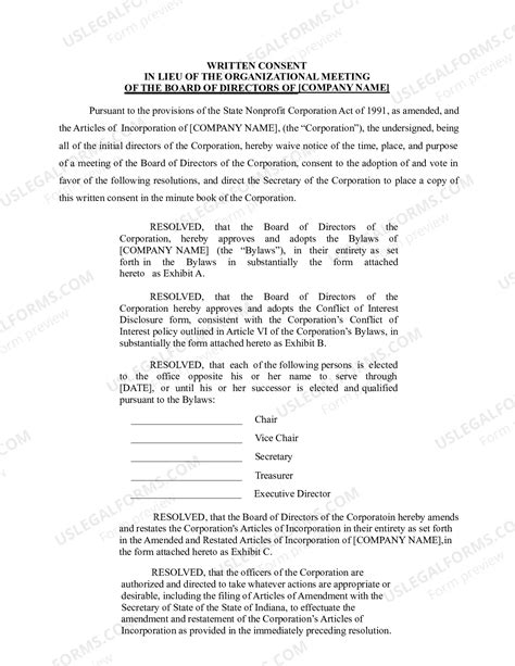 Action by Written Consent in Lieu of Organizational Meeting | US Legal Forms