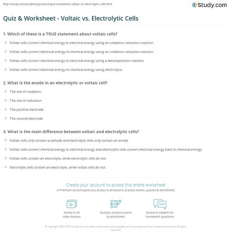 Quiz & Worksheet - Voltaic vs. Electrolytic Cells | Study.com