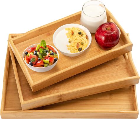 Amazon.com: 3 Pack Bamboo Serving Tray Food Tray with Handles, Trays ...
