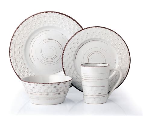 Lorren Home Trends 16 Piece Distressed Weave Dinnerware Set-White ...