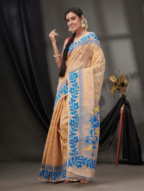 Beige Cotton Dhakai Jamdani Handwoven Saree With Nakshi Designs ...
