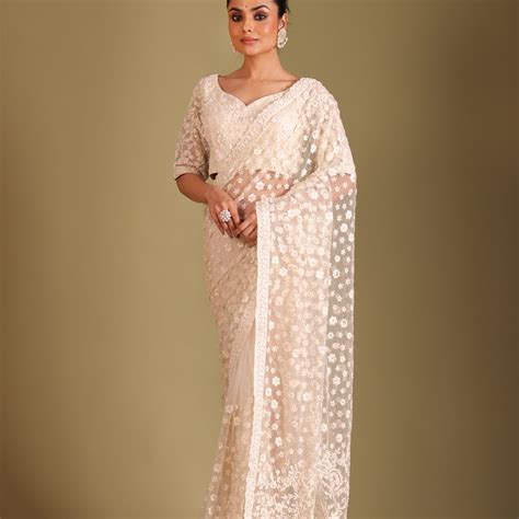 Rooh Ivory Embroidered Blouse and Saree – Ganpatis
