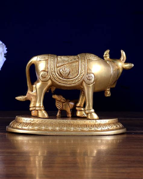 Pure Brass Kamdhenu Cow with Radha Krishna Carving 6 inch – Budhshiv.com