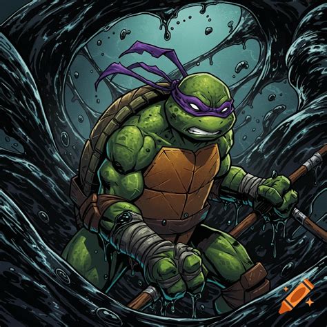 Donatello, the Teenage Mutant Ninja Turtle, with a purple mask and ...