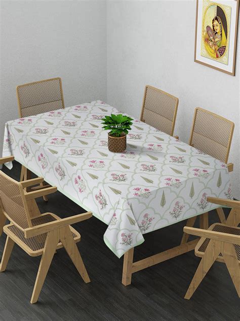 White and Pink 6 seater Block Printed Ethnic Motifs Cotton Table Cover ...