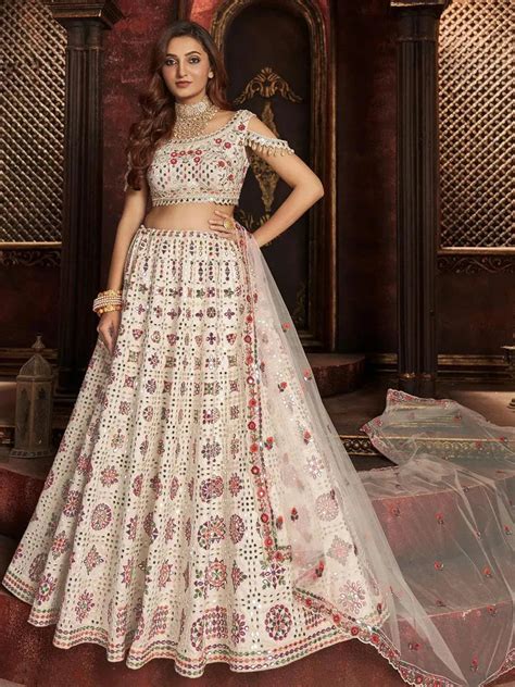 Wedding Wear Off White Organza Embroidered Net Bridal Umbrella Lehenga ...