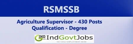 RSMSSB Agriculture Supervisor Vacancy 2023 Apply Online 430 Posts
