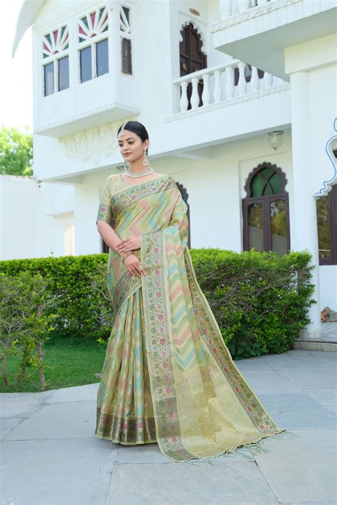 Rangkat Sage Green Leheriya Design Banarasi Organza Saree – Gajarai