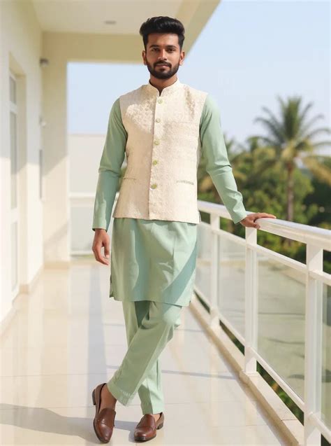 Pista Conch Shell Pattern Jacquard Kurta Jacket Set – South India ...