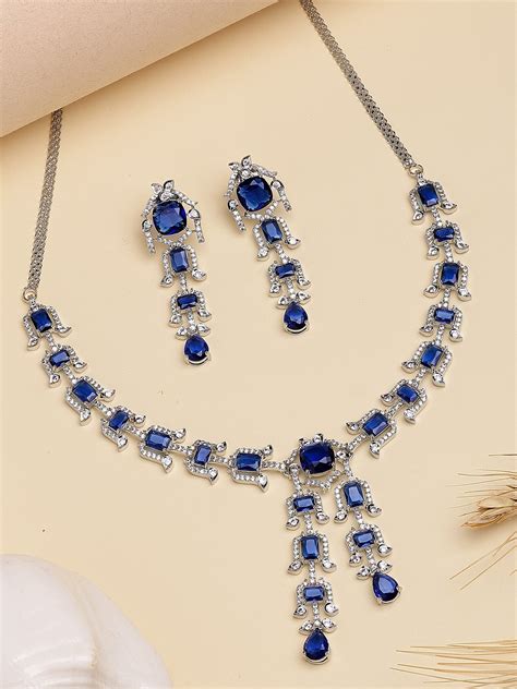 Karatcart Blue Traditional American Diamond Necklace Set for Women