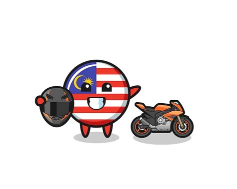 Cute malaysia flag cartoon as a motorcycle racer | Premium Vector