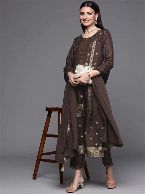Buy Brown Self Design Silk Straight Kurta With Dupatta Online at Rs.959 ...