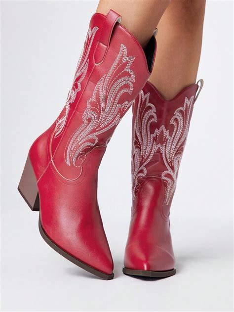 ROMWE Fairycore Women's Thick Heel Pointed Toe Embroidery Western ...