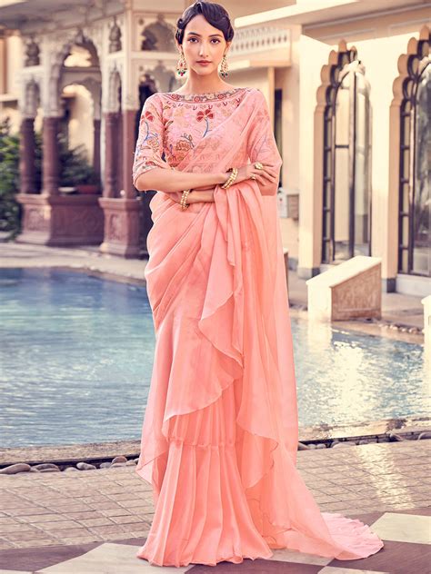 Peach Organza Solid Saree With Blouse Piece - Clothsvilla