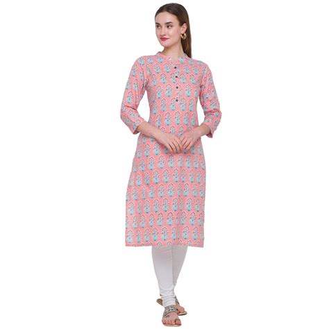 Buy ZOLA Pink Cotton Mandarin Collar 3/4th Sleeves Floral Block Print ...