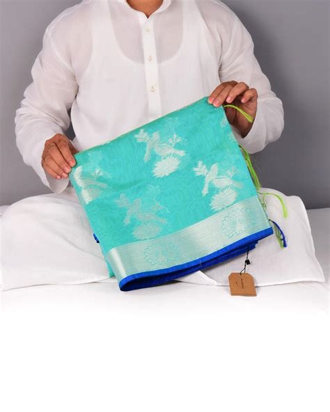 Aqua Marine Banarasi Silver Zari Lovebirds Cutwork Brocade Woven Art C
