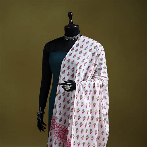 Pink Block Print Cotton Sanganeri Floral Dupatta