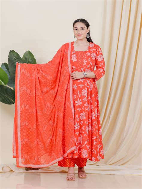 Buy Soft Cotton Bandhani Flared Orange Kurta, Trousers & Dupatta ...