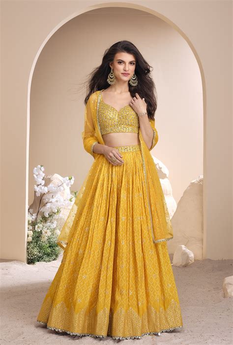 Home Haldi Wear Yellow Jacquard Silk Bandhej Lehenga Crop Top Fusion Dress