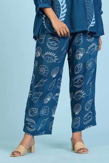 Buy Blue Cotton, Silk Round Neck Coral Print Top Pant Set For Women by ...