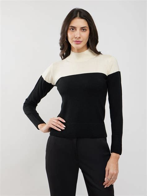 Buy Black and White LivSoft Colourblocked Band Neck Sweater Online ...