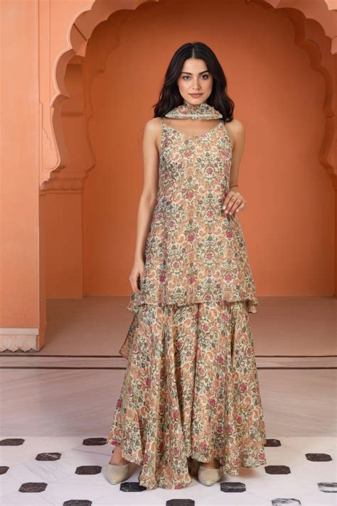 Buy White Floral Print Tape Flared Tissue Kurta with Sharara and ...