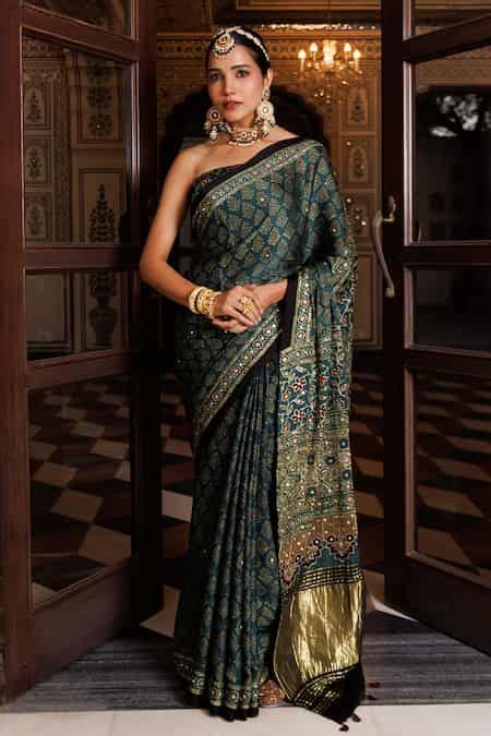 Buy Green Modal, Silk Sequins, Butti Print Saree With Unstitched Blouse ...